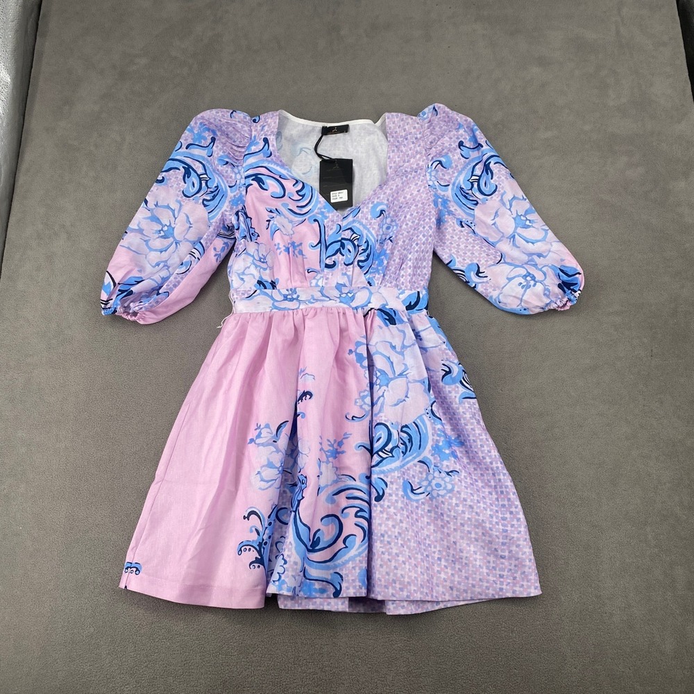 Alania Pink Blue Floral Paisley Puff Sleeve Mini Dress D8015-1 Size S NWT